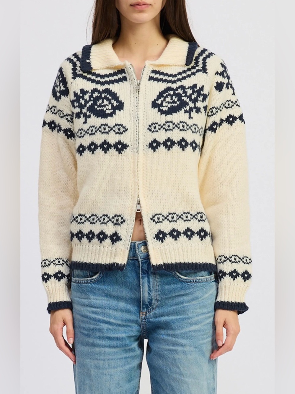 Jacquie the Label Remi Fair Isle Zip Cardigan Nordic Sweater Cream and Navy M